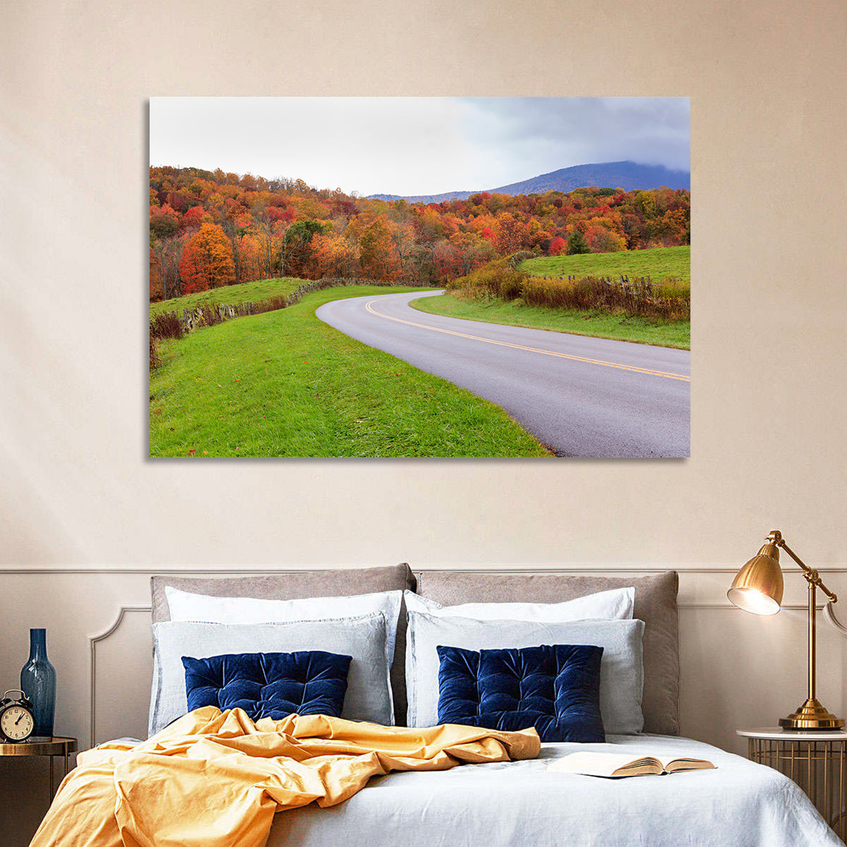 Curving Road Through Autumn Meadow Wall Art in a room, landscape