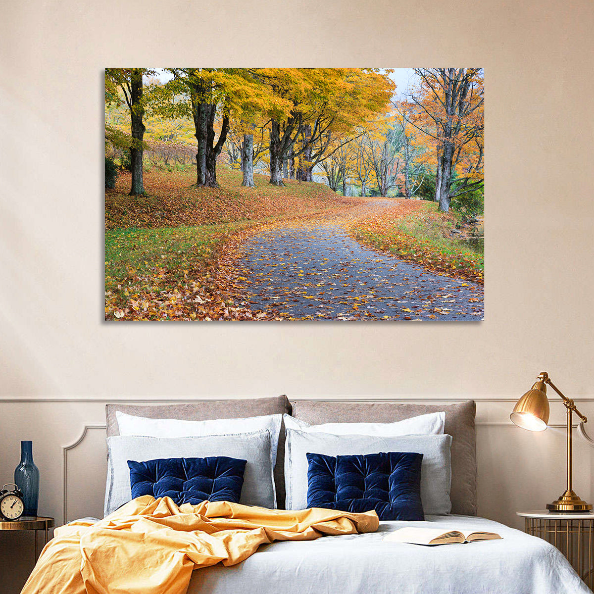 Autumn Road with Golden Canopy Wall Art in a room, landscape