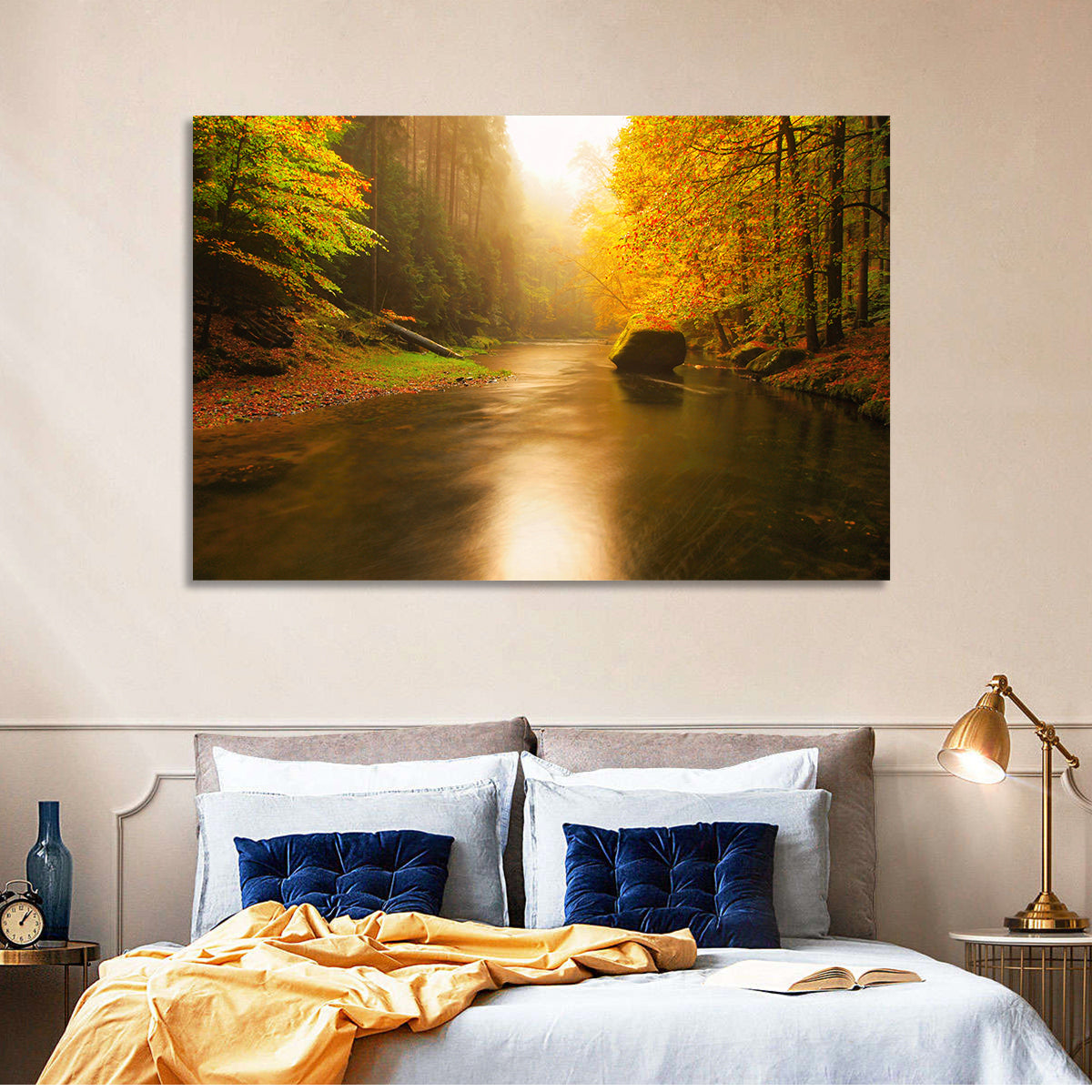 Misty Mountain River Wall Art in a room, landscape