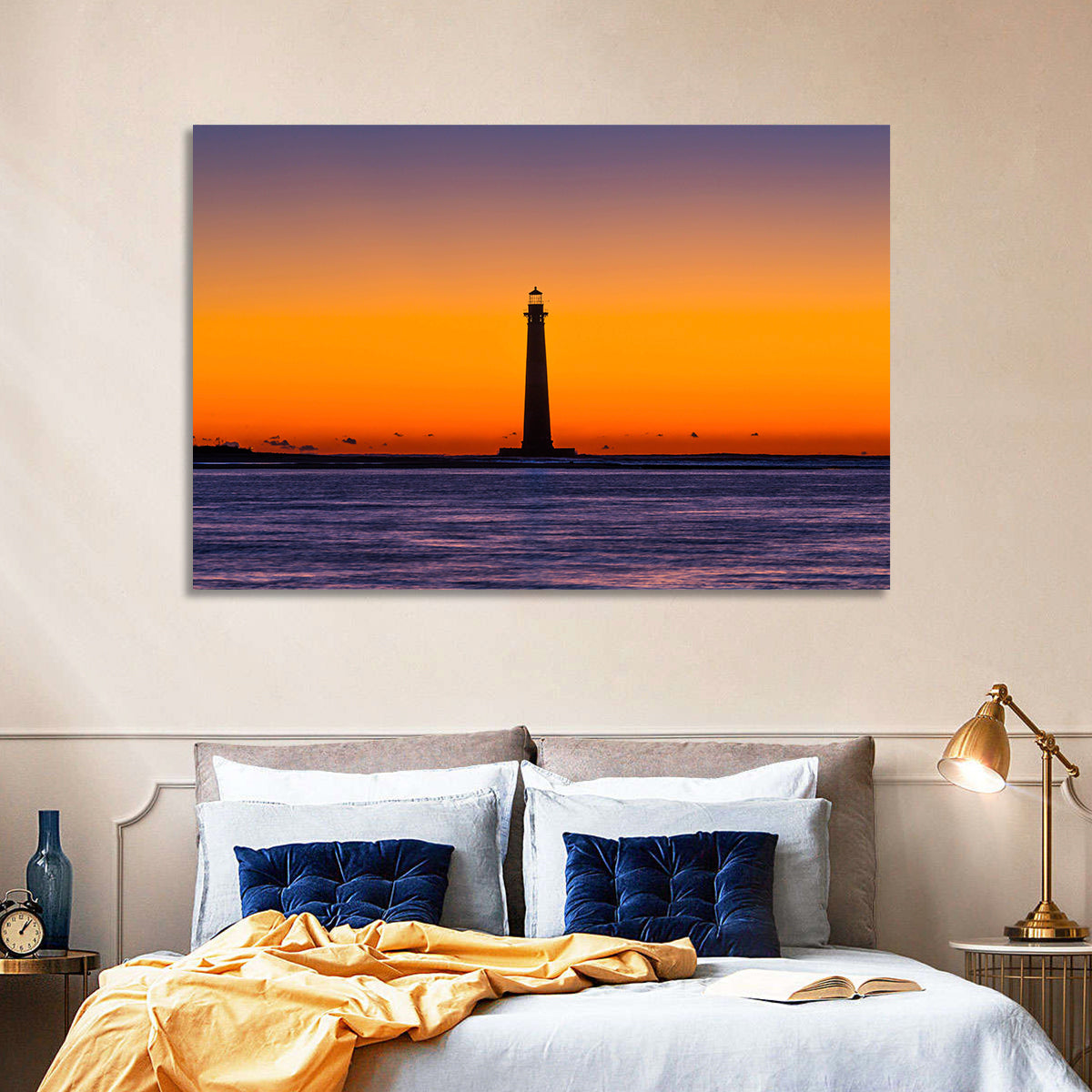 Minimalist Lighthouse Silhouette at Twilight Wall Art in a room, landscape