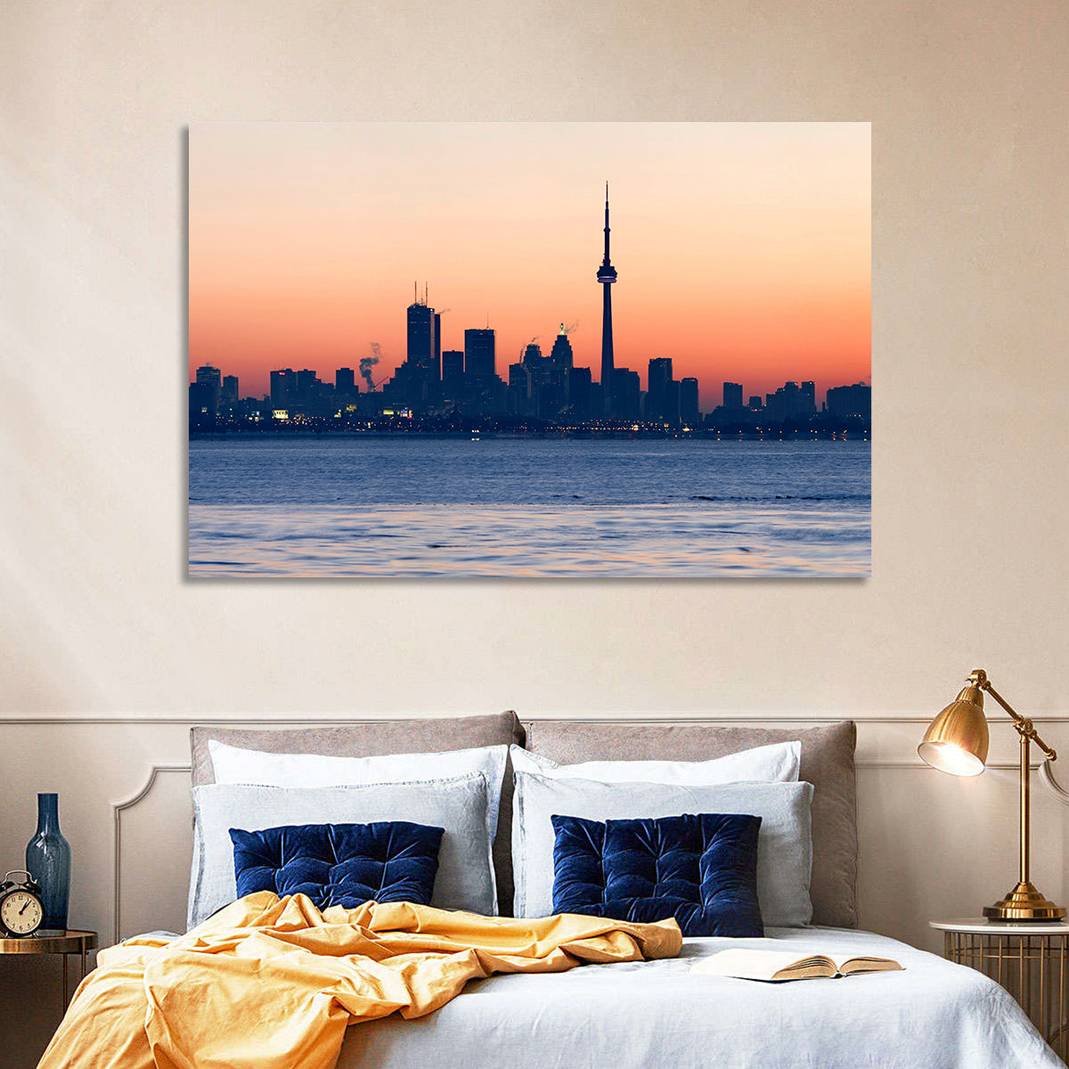 Toronto Dusk Skyline with Cn Tower Wall Art in a room, landscape
