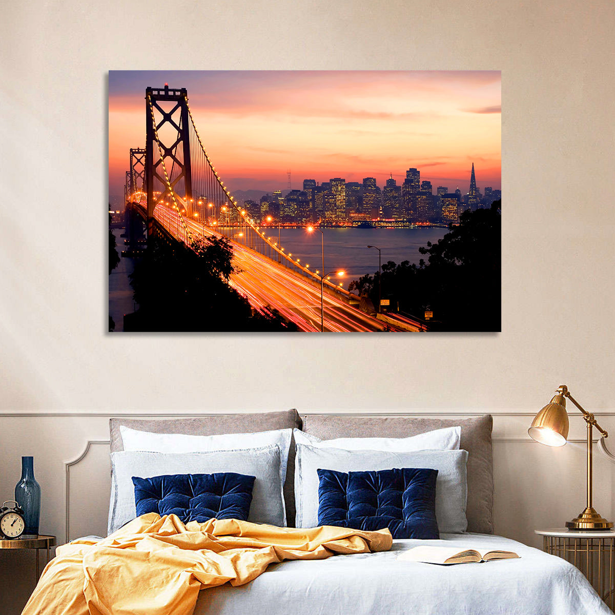 Bay Bridge Light Trails at Sunset Wall Art in a room, landscape