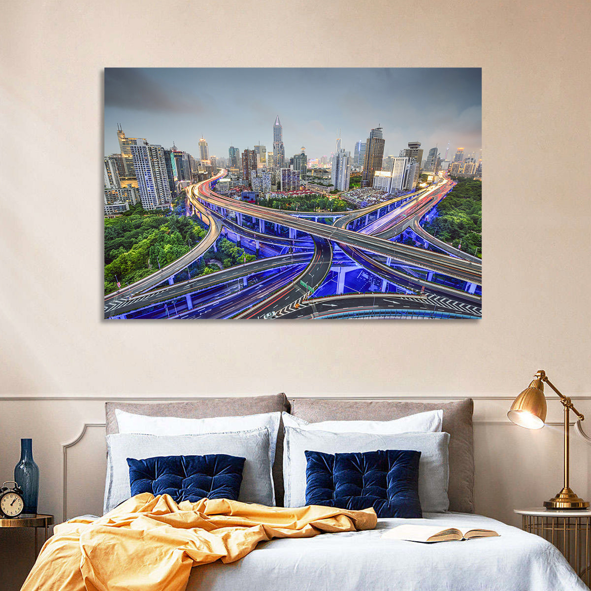 Shanghai Dusk Interchange Cityscape Wall Art in a room, landscape