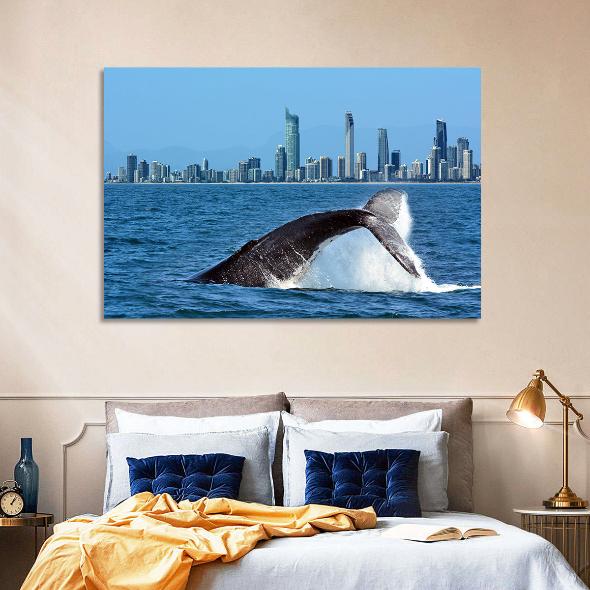 Gold Coast Whale and Skyline Wall Art in a room, landscape