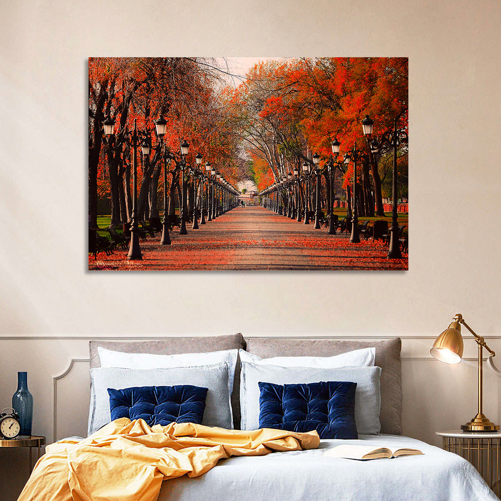 Autumn Park Path with Vintage Lampposts Wall Art