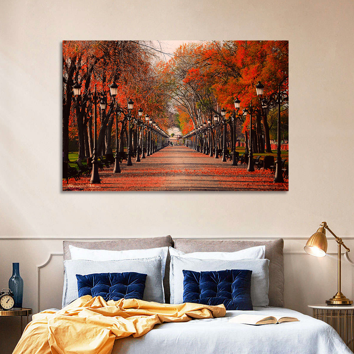 Autumn Park Path with Vintage Lampposts Wall Art