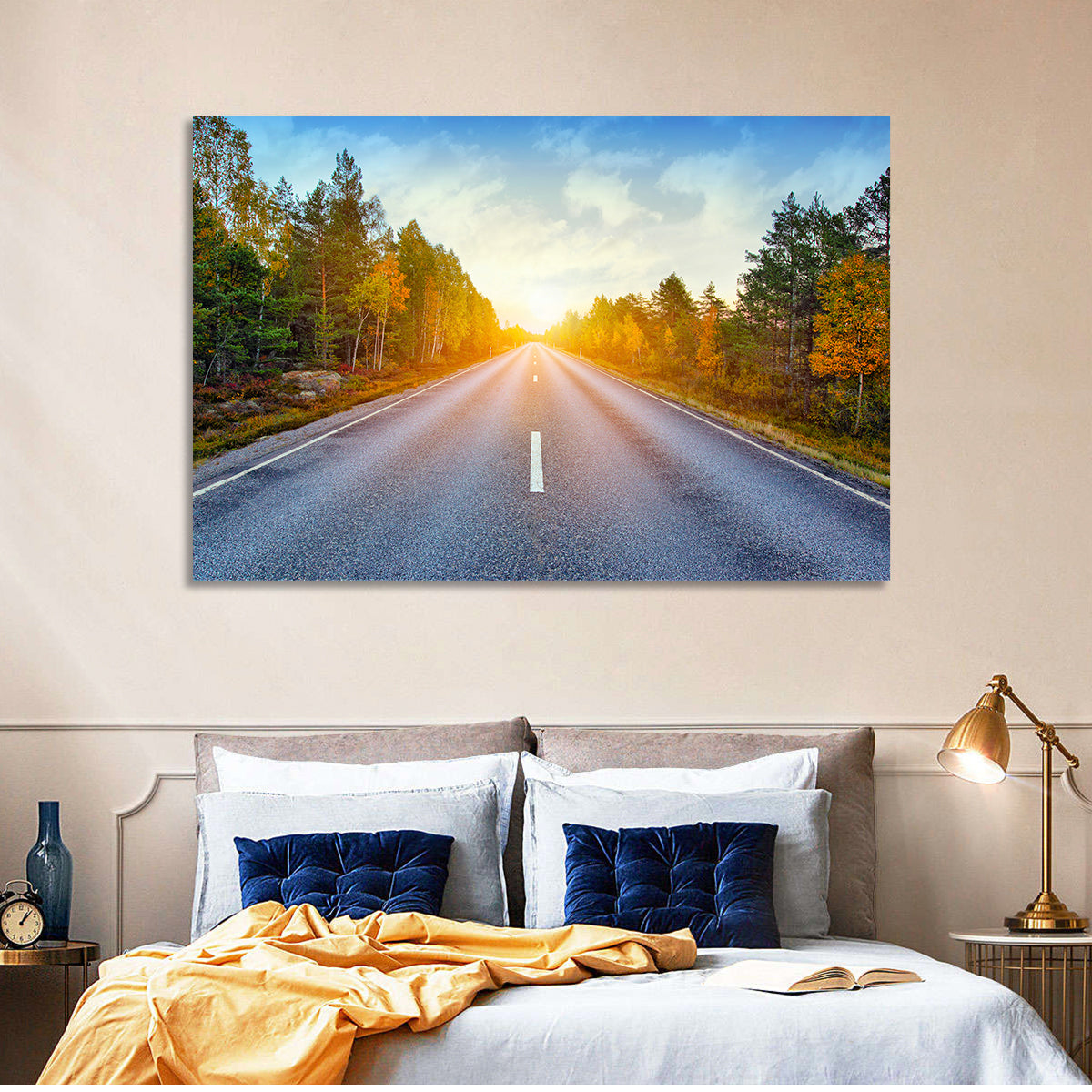 Sunlit Autumn Forest Road Wall Art in a room, landscape