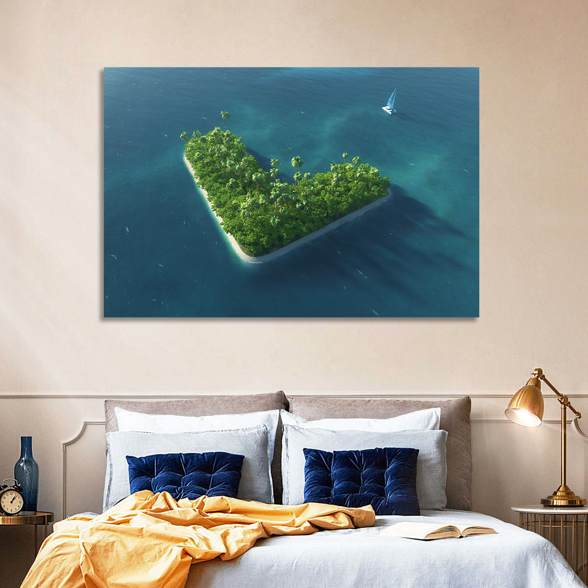 V-shaped Tropical Island with Distant Catamaran Wall Art in a room, landscape