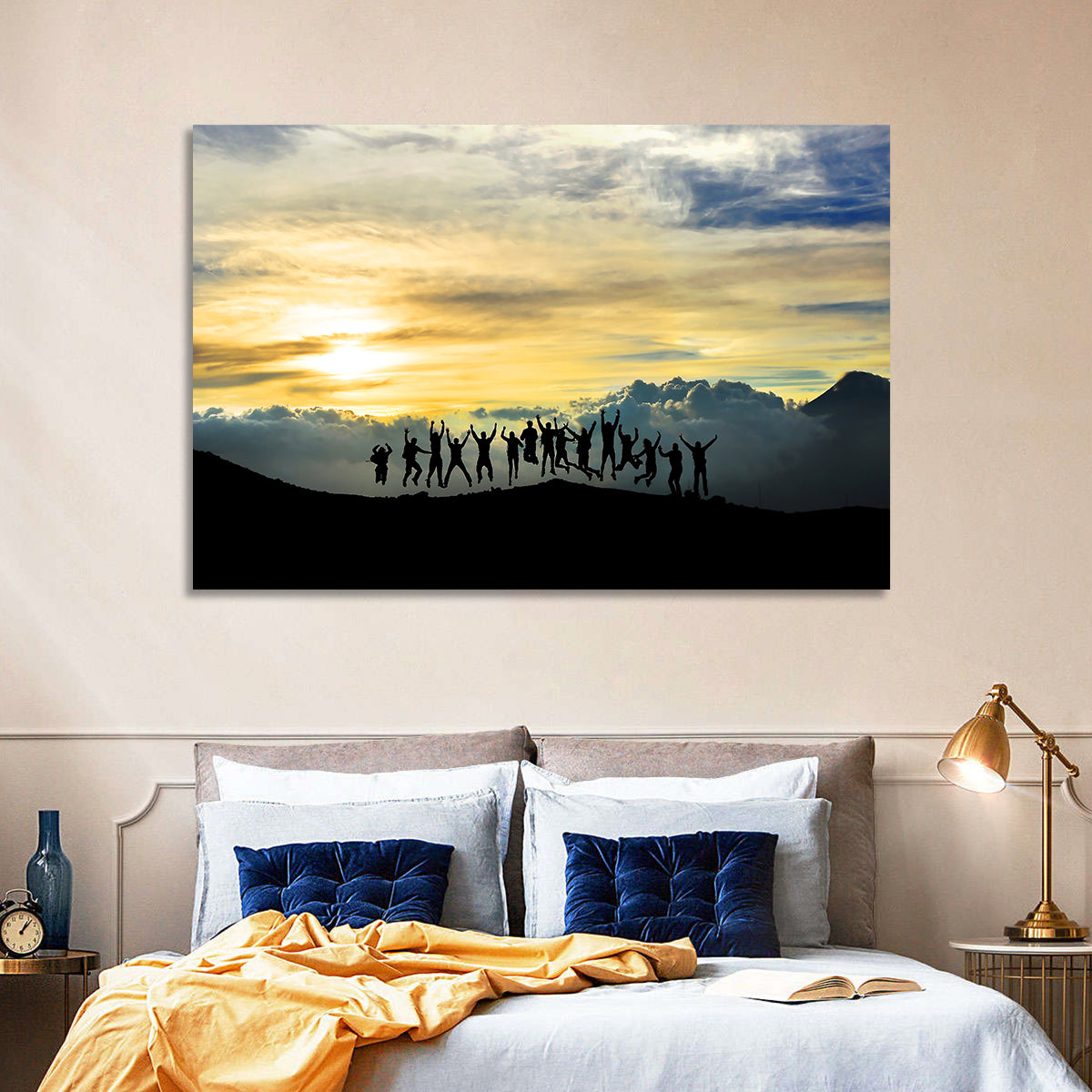 Golden Team Silhouettes at Sunset Wall Art in a room, landscape
