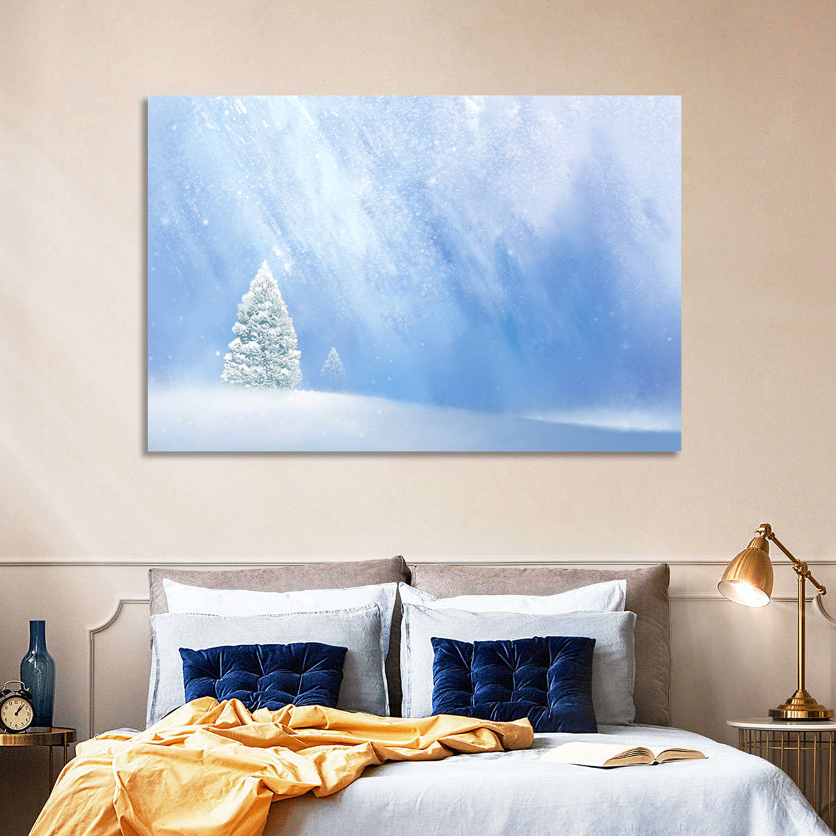 Two Snowy Evergreens Wall Art in a room, landscape