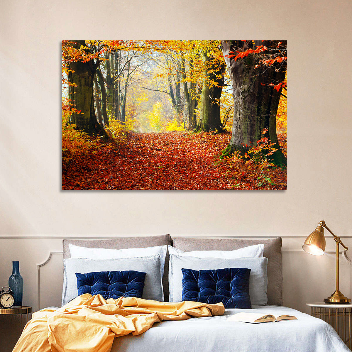 Misty Autumn Forest Path Wall Art in a room, landscape