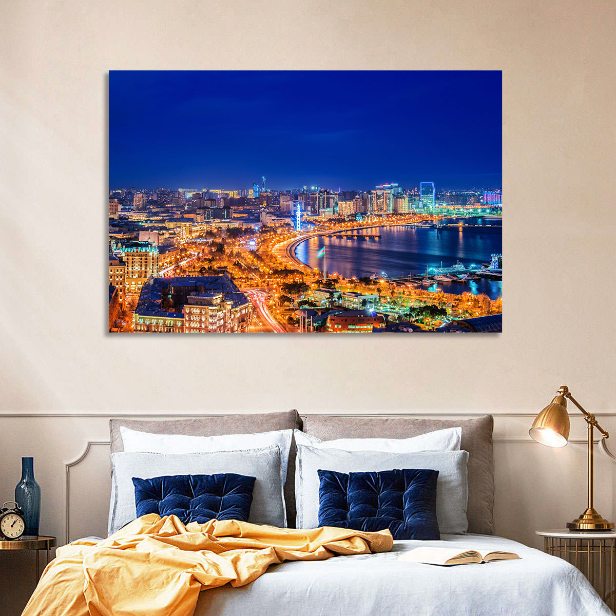 Baku Night Skyline Wall Art in a room, landscape