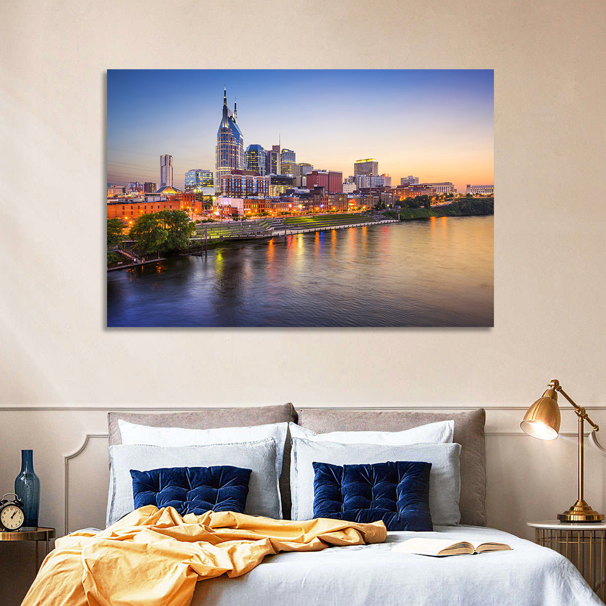 Nashville Skyline Over the Cumberland River Wall Art in a room, landscape