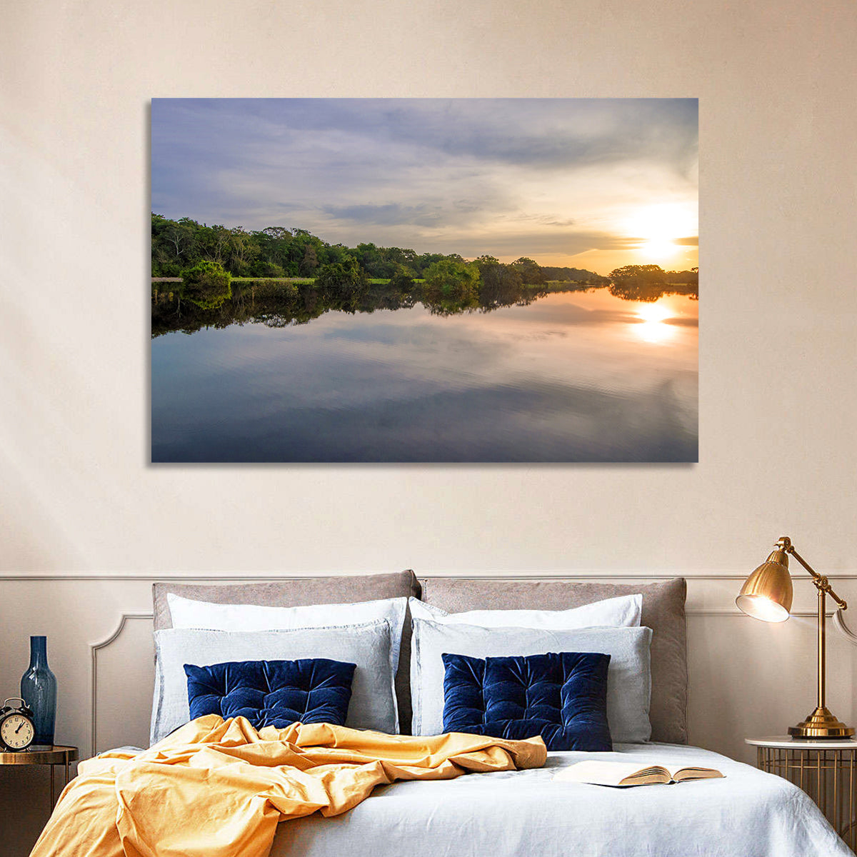 Amazon River Sunset Reflection Wall Art in a room, landscape