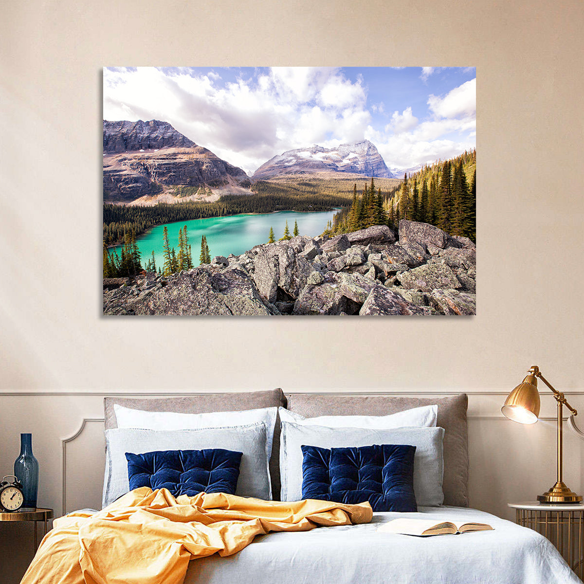 Lake Ohara Rocky Shore Wall Art in a room, landscape