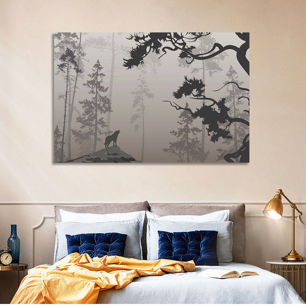 Howling Wolf in Misty Forest Wall Art
