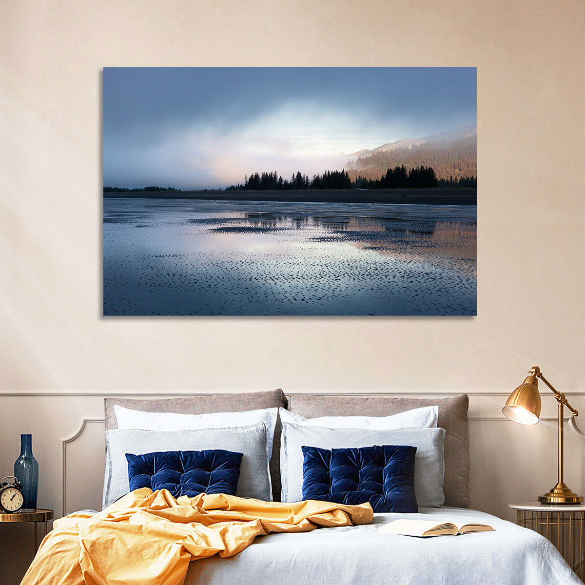 Lake Clark Foggy Shoreline Wall Art in a room, landscape