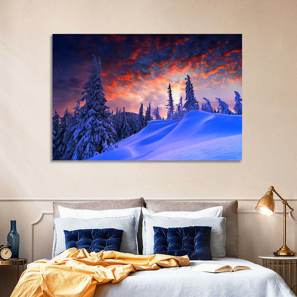 Snow-covered Mountain Sunset Wall Art in a room, landscape