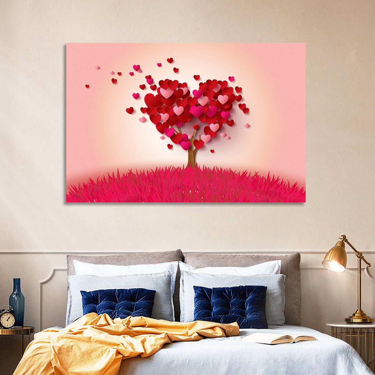 Whimsical Heart Tree Illustration Wall Art in a room, landscape