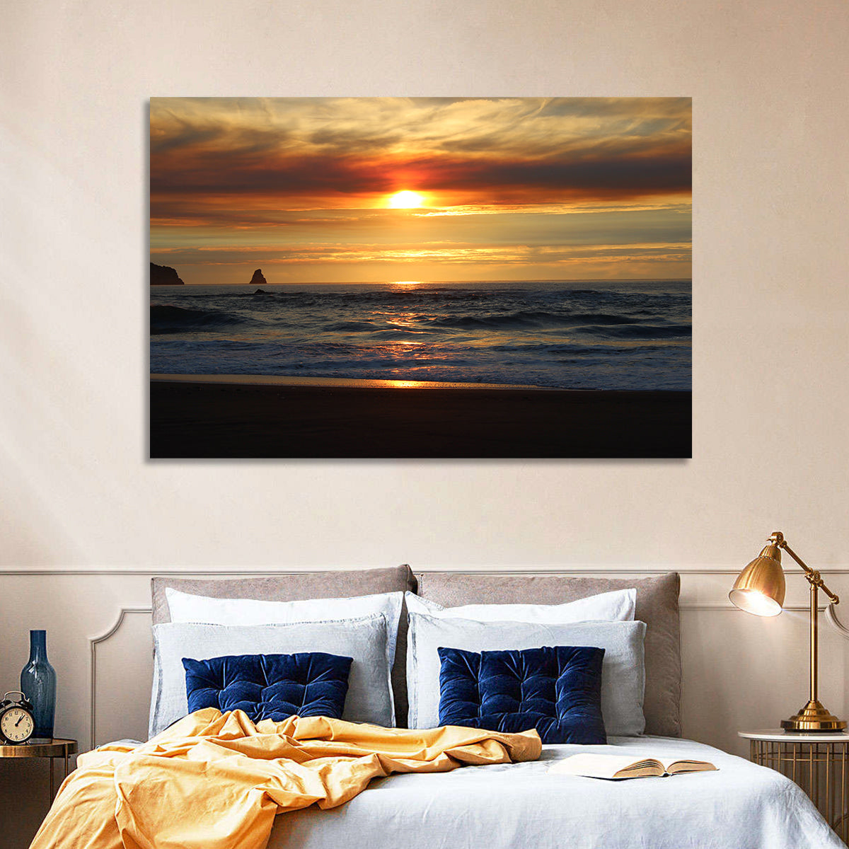 Oregon Sea Stack Sunset Wall Art in a room, landscape