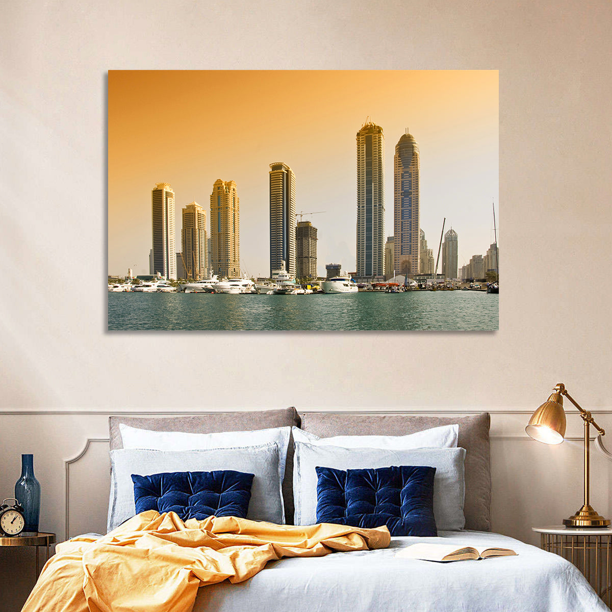 Dubai Marina Sunset Skyline with Yachts Wall Art in a room, landscape