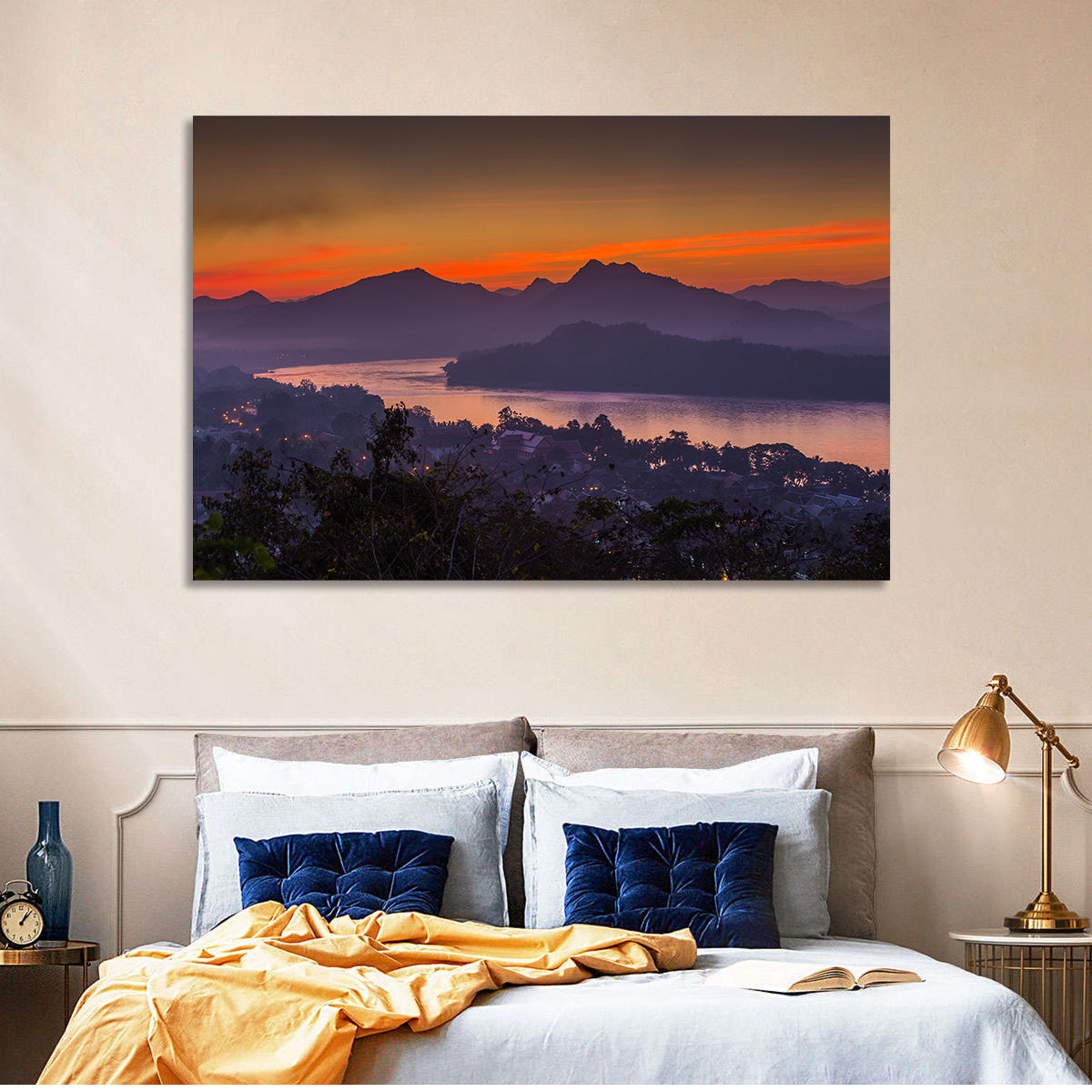 Luang Prabang Sunset Over Mekong Wall Art in a room, landscape