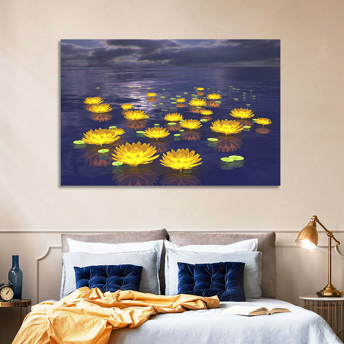 Floating Lotus at Dusk Wall Art in a room, landscape