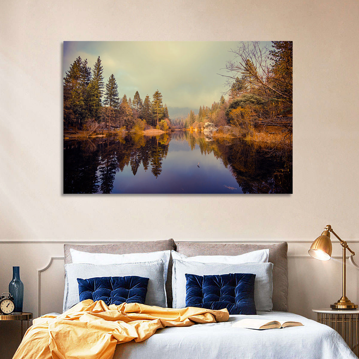 Misty Lake Fulmor Reflection Wall Art in a room, landscape