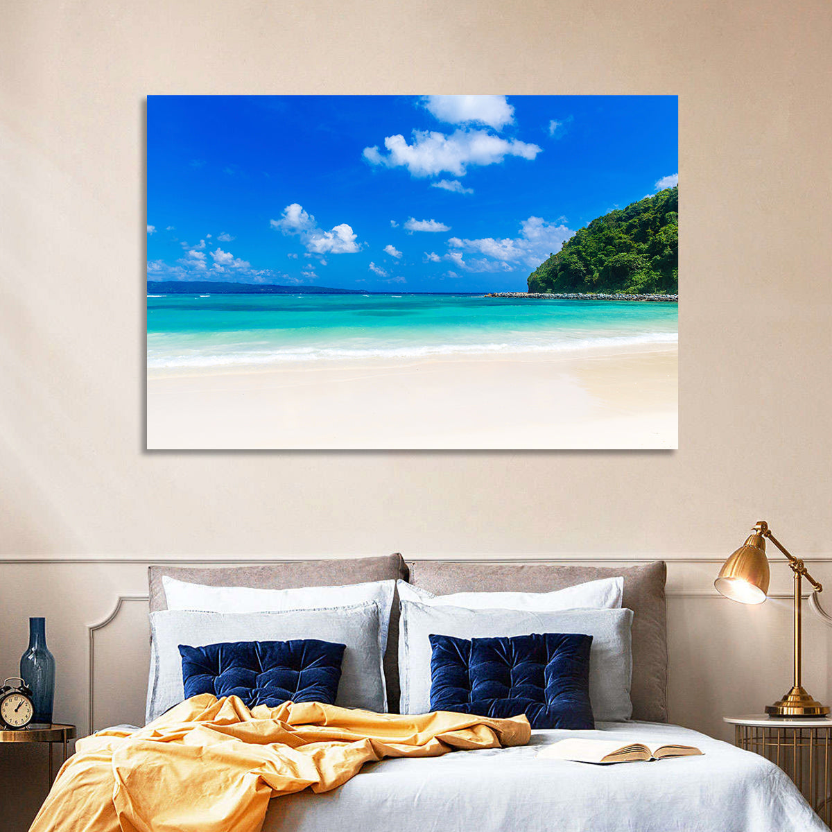 Turquoise Tropical Beach Scene Wall Art in a room, landscape