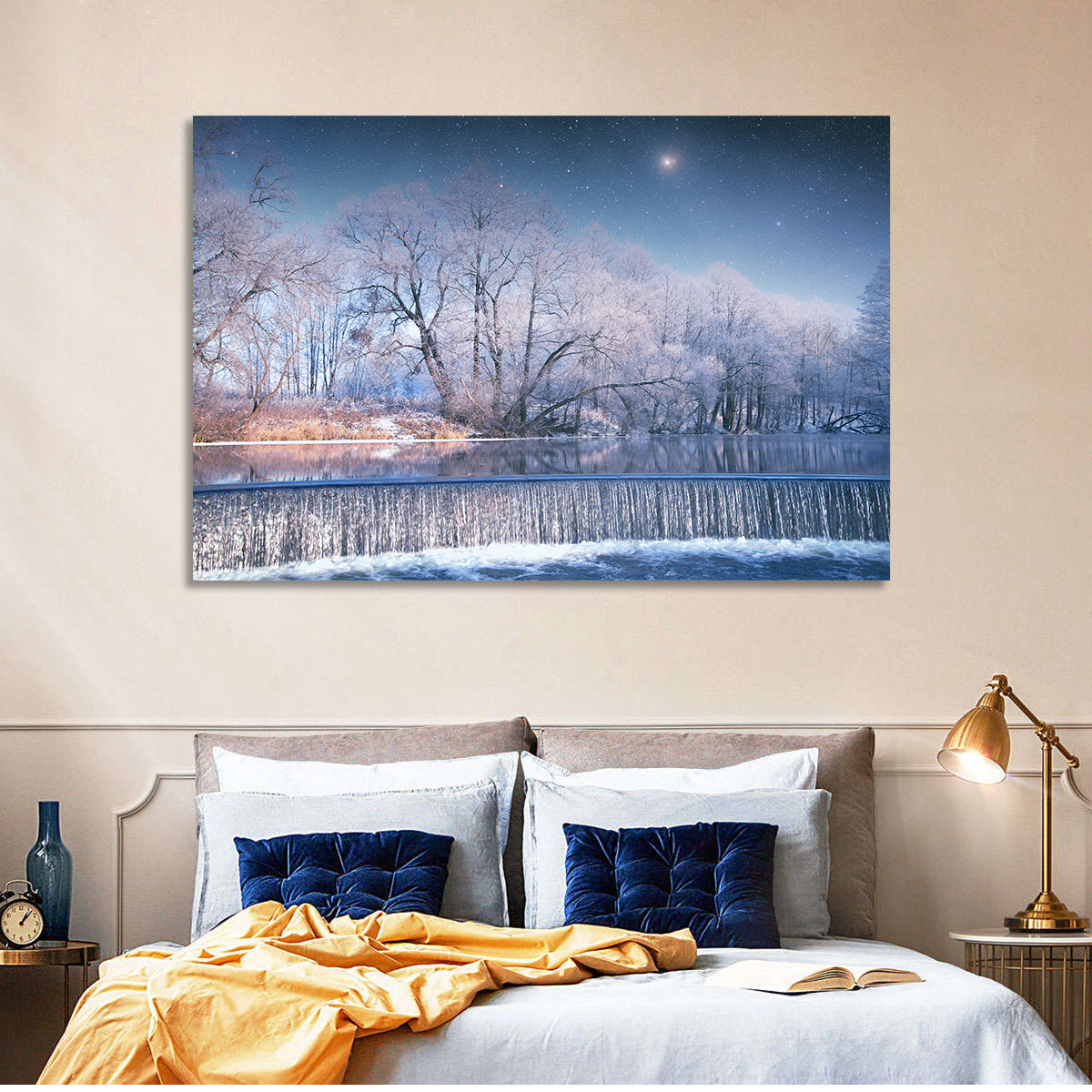 Starlit Winter Waterfall Wall Art in a room, landscape