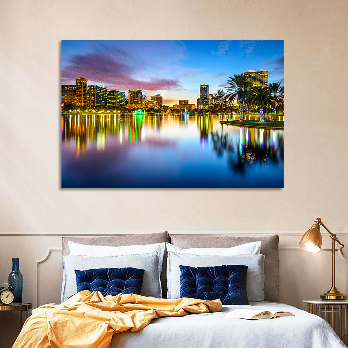 Orlando Lake Eola Skyline Wall Art in a room, landscape