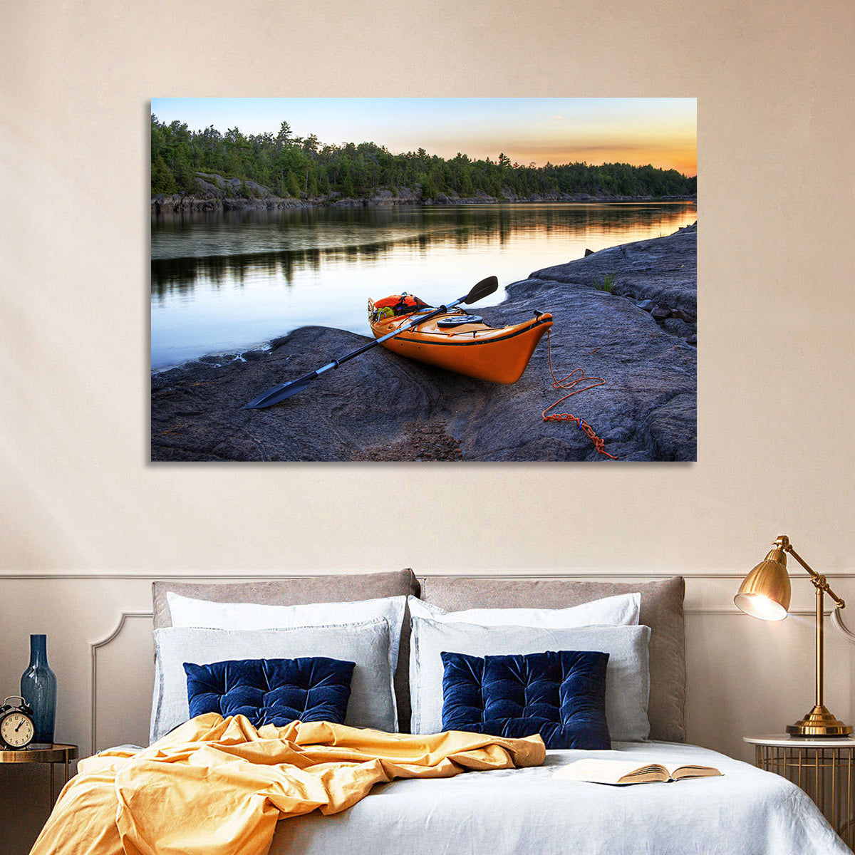 Orange Kayak on Rocky Shore Wall Art in a room, landscape