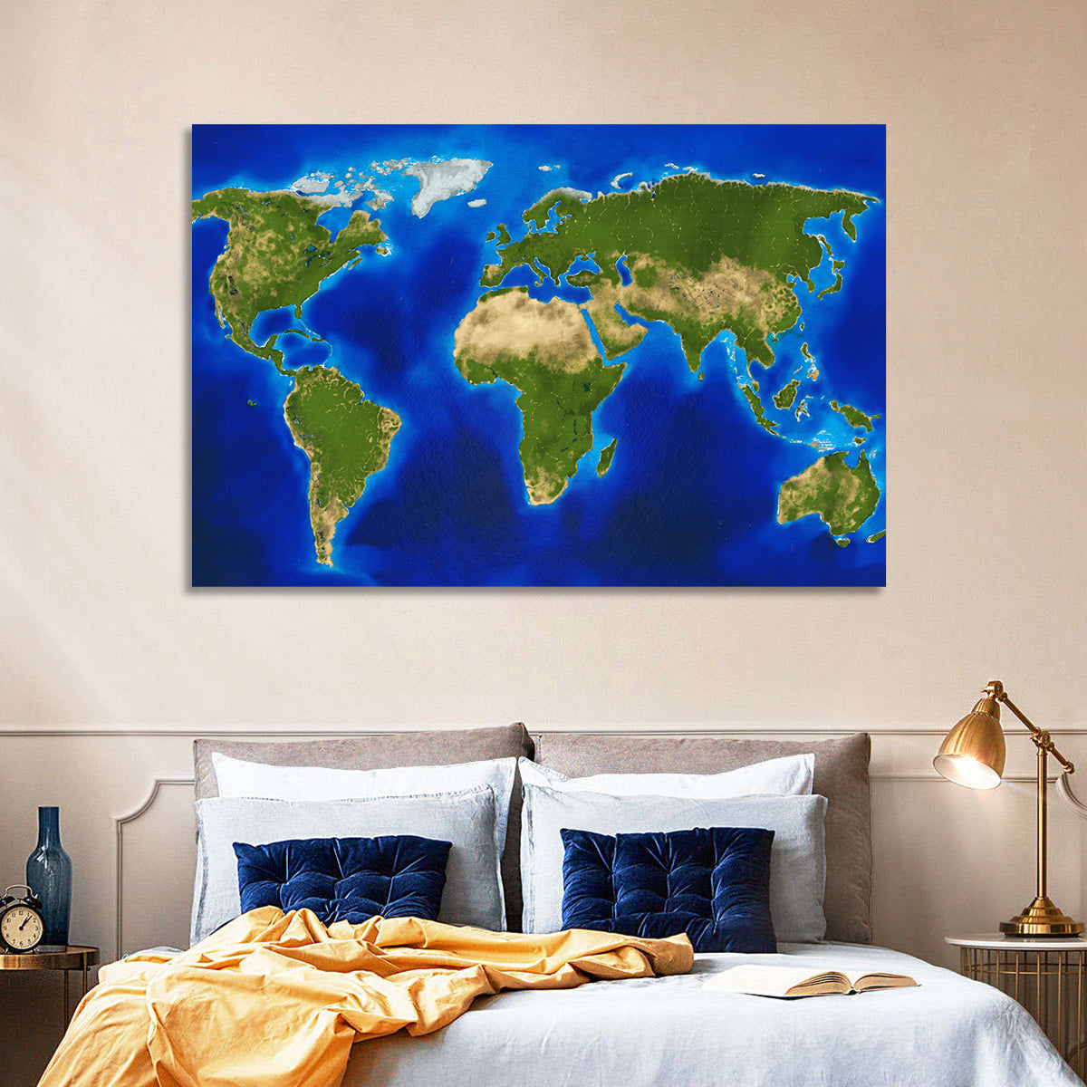 Satellite-style Blue World Map Wall Art