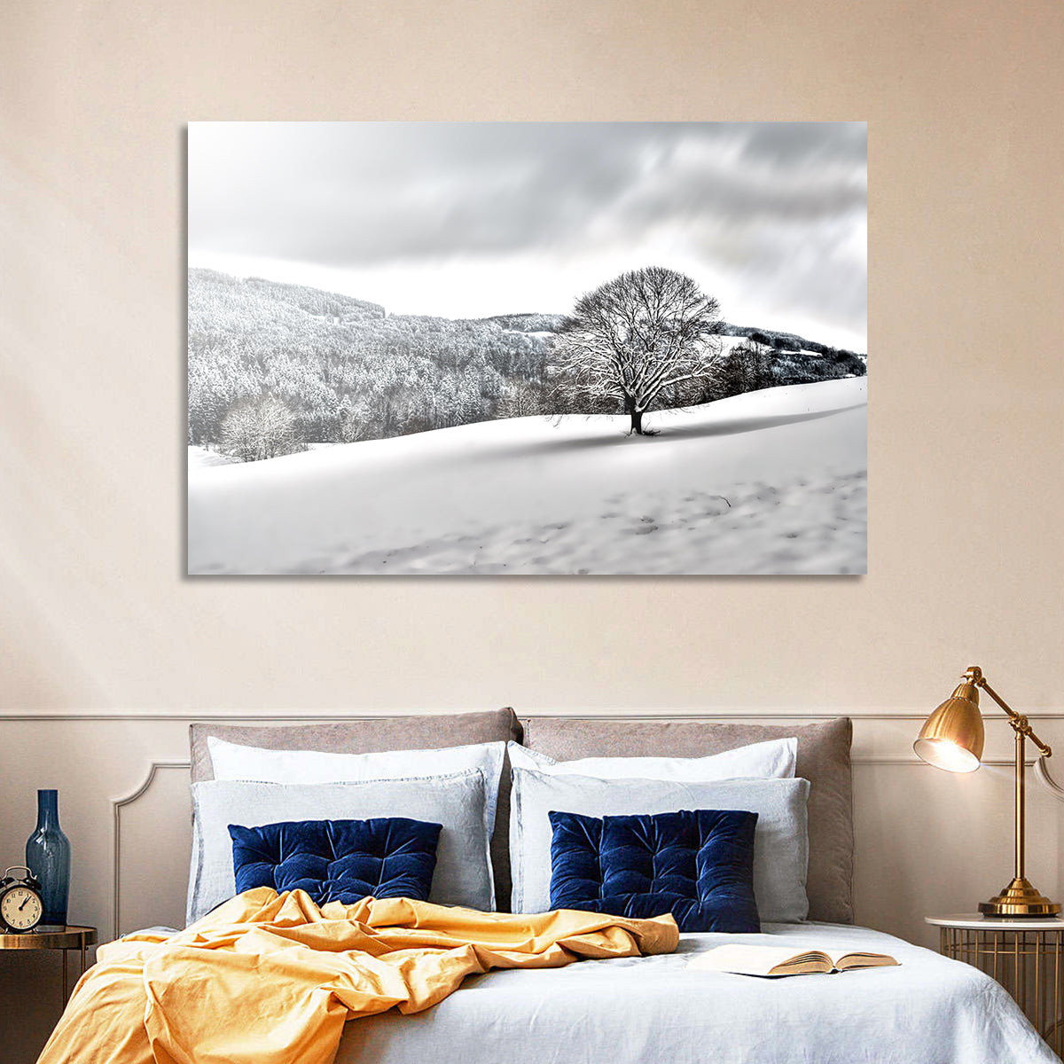 Solitary Snowy Tree Landscape Wall Art in a room, landscape