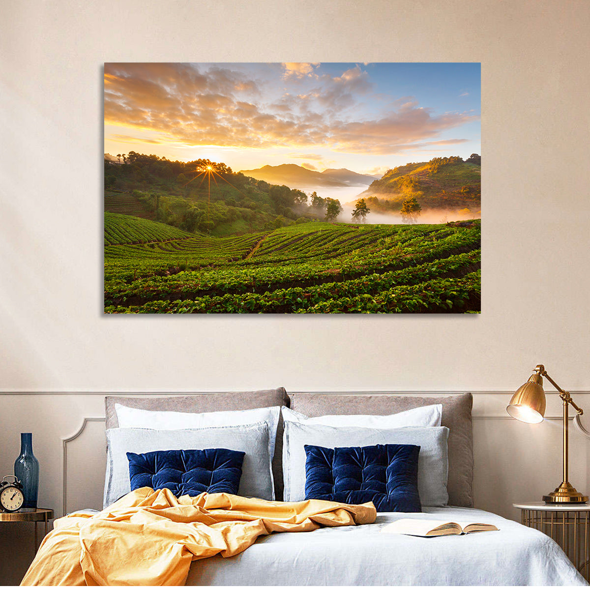Strawberry Fields Sunrise Wall Art in a room, landscape