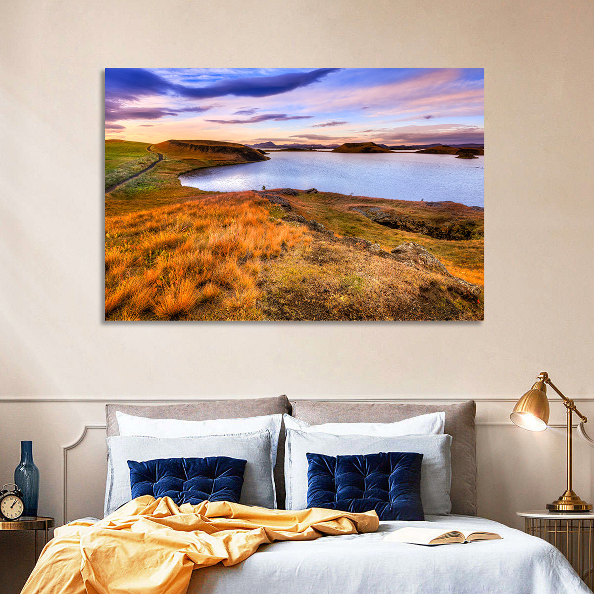 Sunset Over Lake Myvatn Wall Art in a room, landscape
