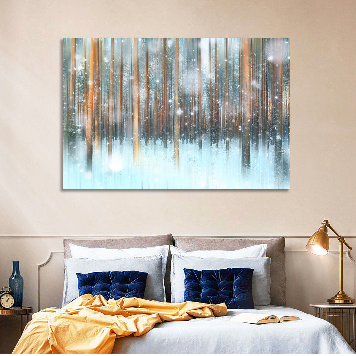 Ethereal Snowy Pine Forest Wall Art in a room, landscape