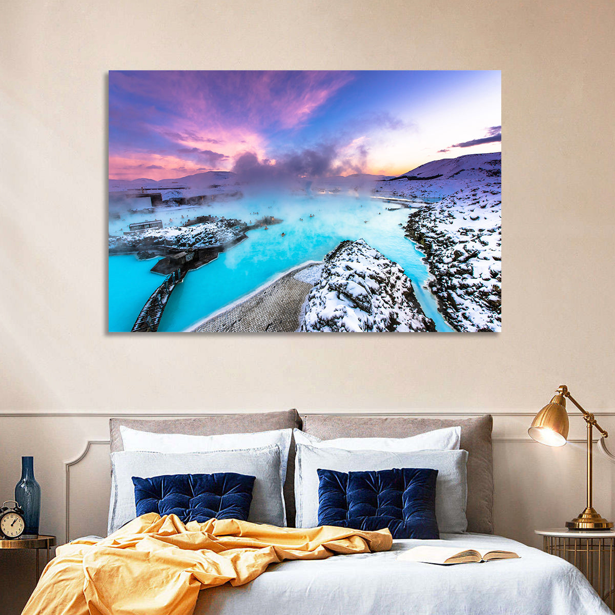 Blue Lagoon Grindavík Sunrise Wall Art in a room, landscape