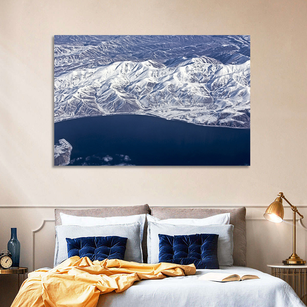 Lake Sevan Aerial Winter View Wall Art in a room, landscape