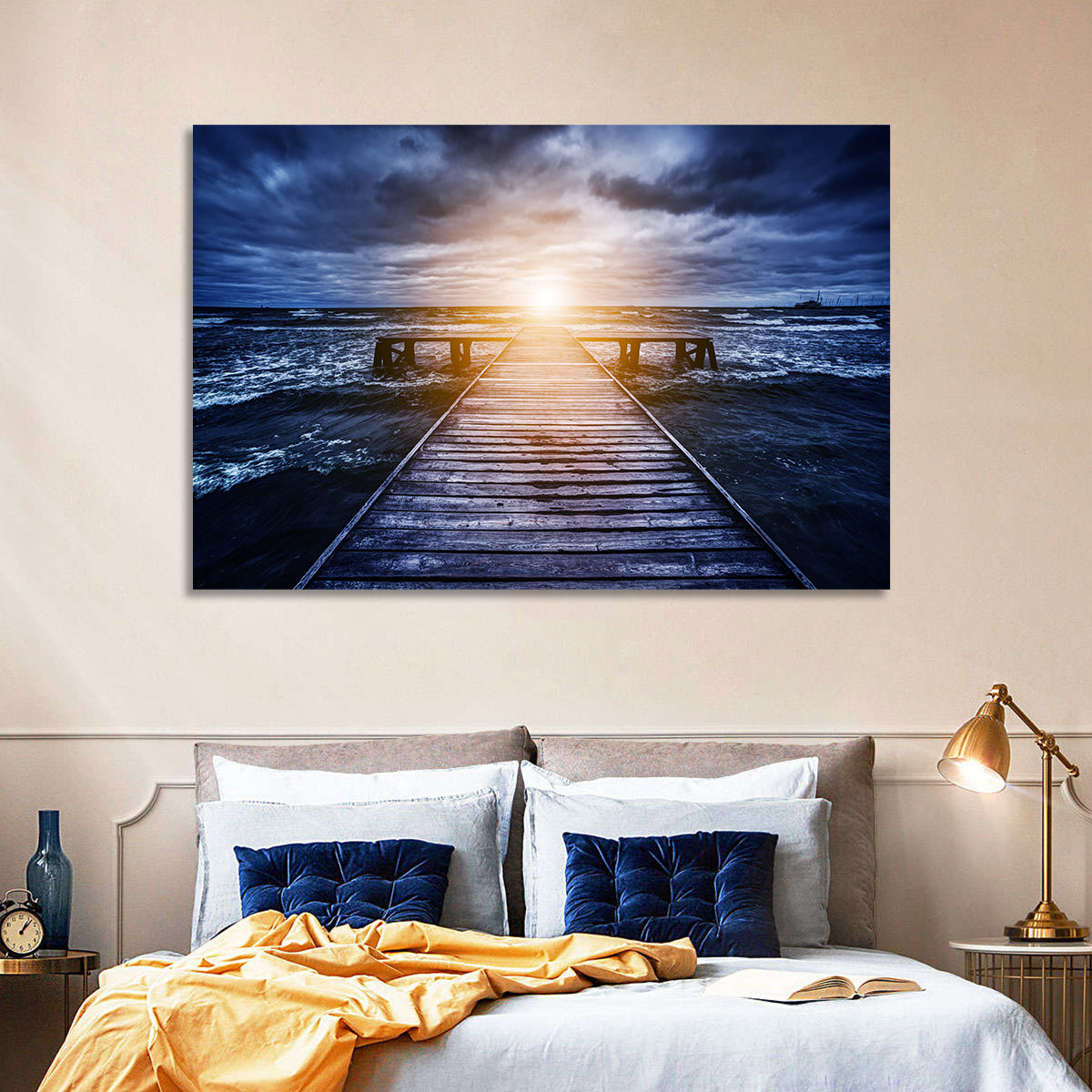 Sunlit Wooden Jetty at Dusk Wall Art in a room, landscape