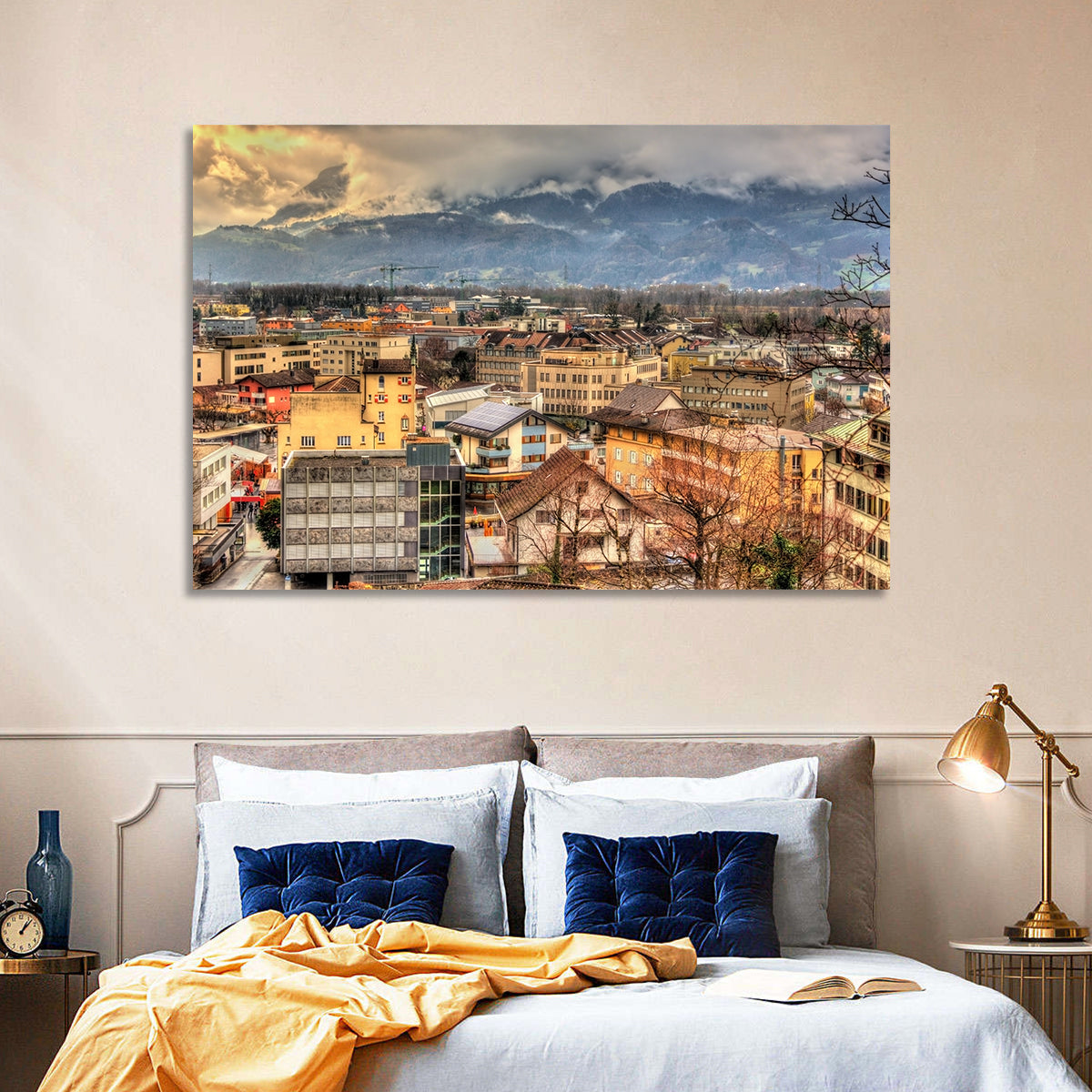Vaduz Autumn Cityscape Wall Art in a room, landscape