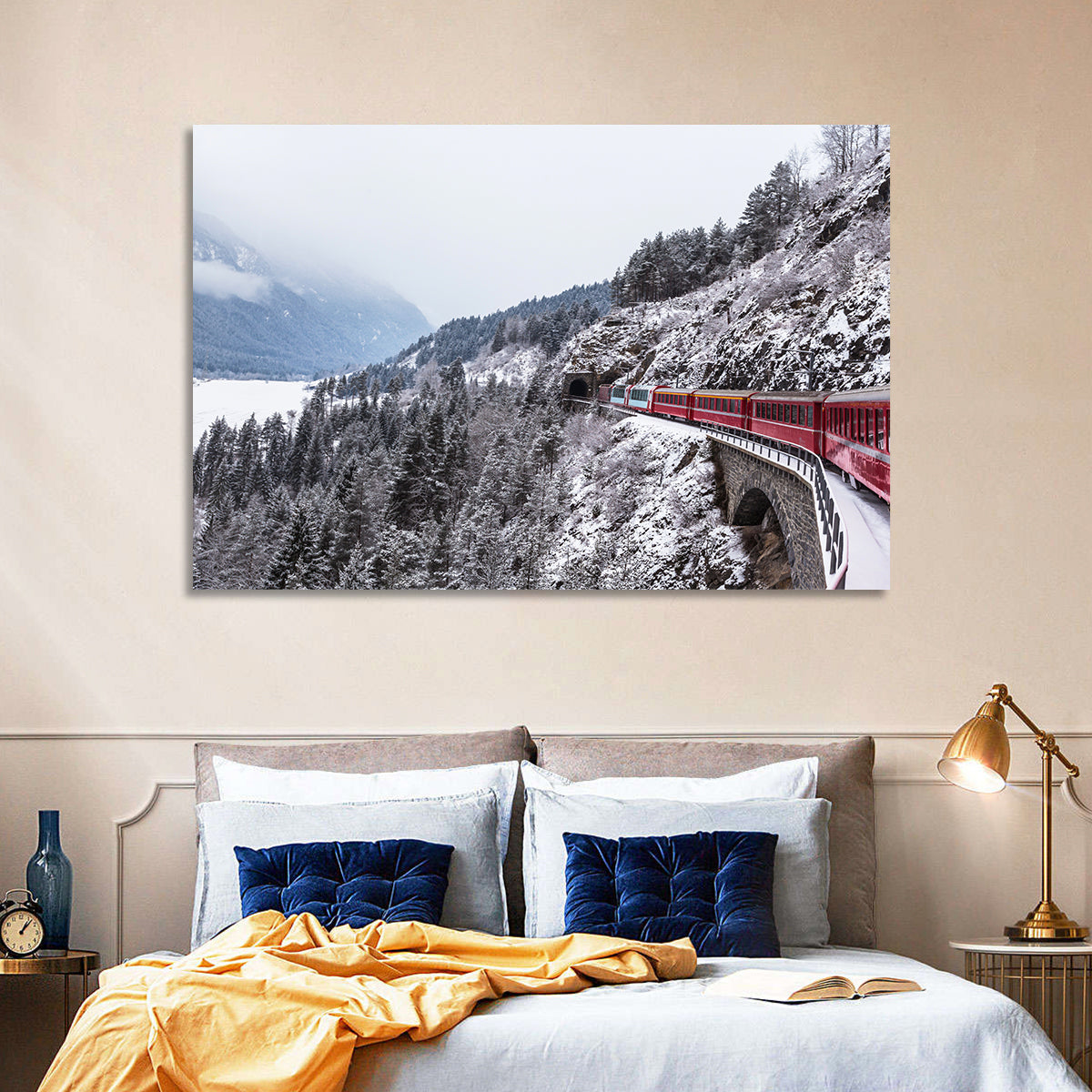 Red Train at Landwasser Viaduct Wall Art in a room, landscape