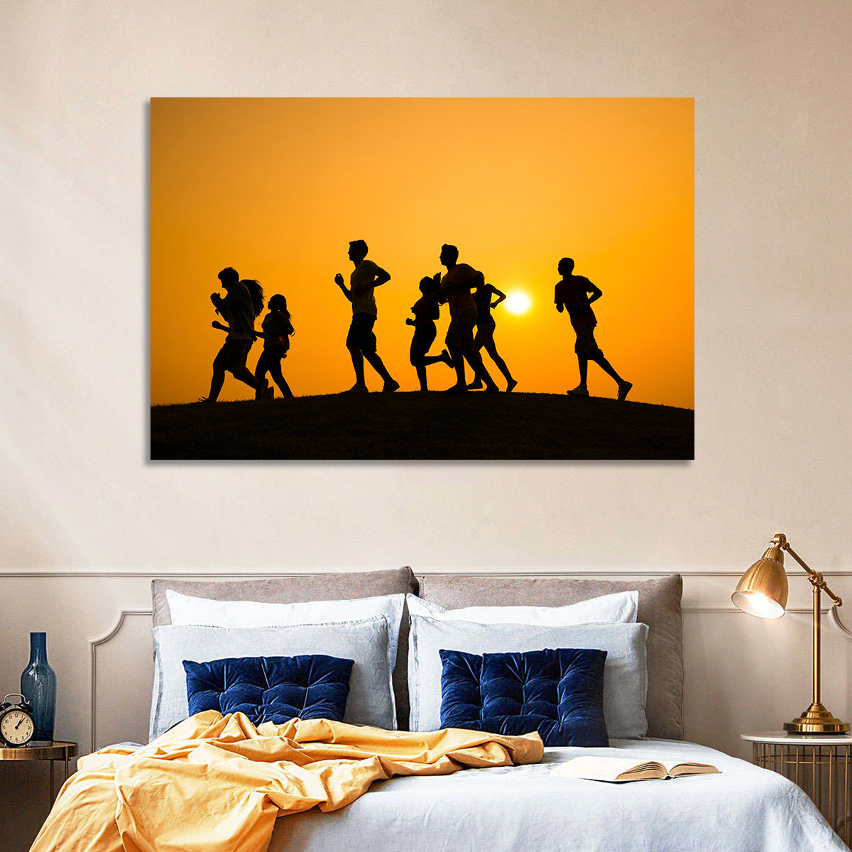 Six Runners Silhouette at Golden Sunset Wall Art in a room, landscape