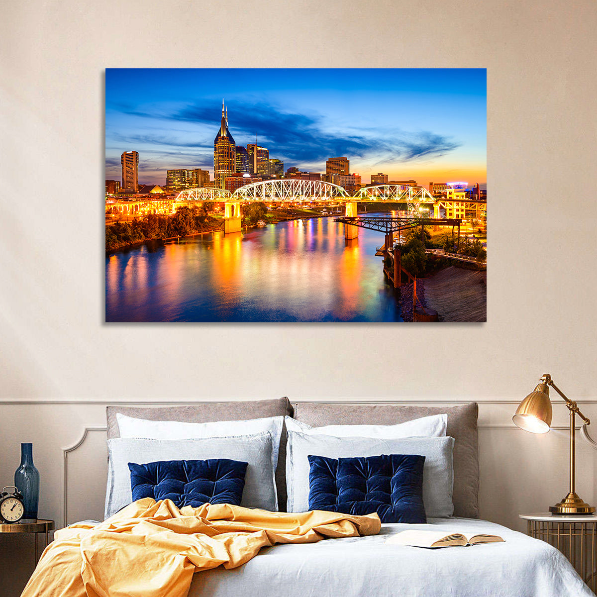 Nashville Skyline at Twilight Bridge Reflections Wall Art in a room, landscape