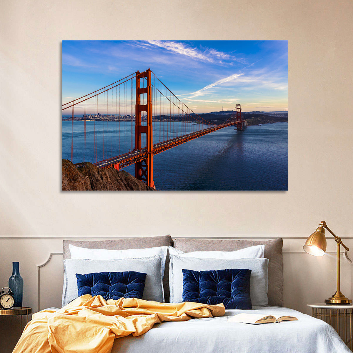 Golden Gate Bridge at Golden Hour Wall Art in a room, landscape