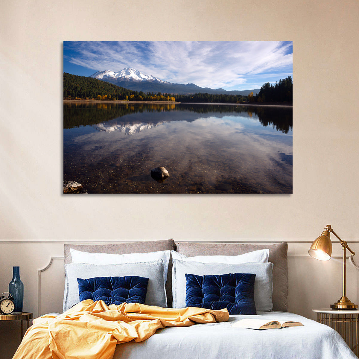 Mount Shasta Reflection at Lake Siskiyou Wall Art in a room, landscape