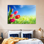 Dewy Red Tulips Under Blue Sky Wall Art