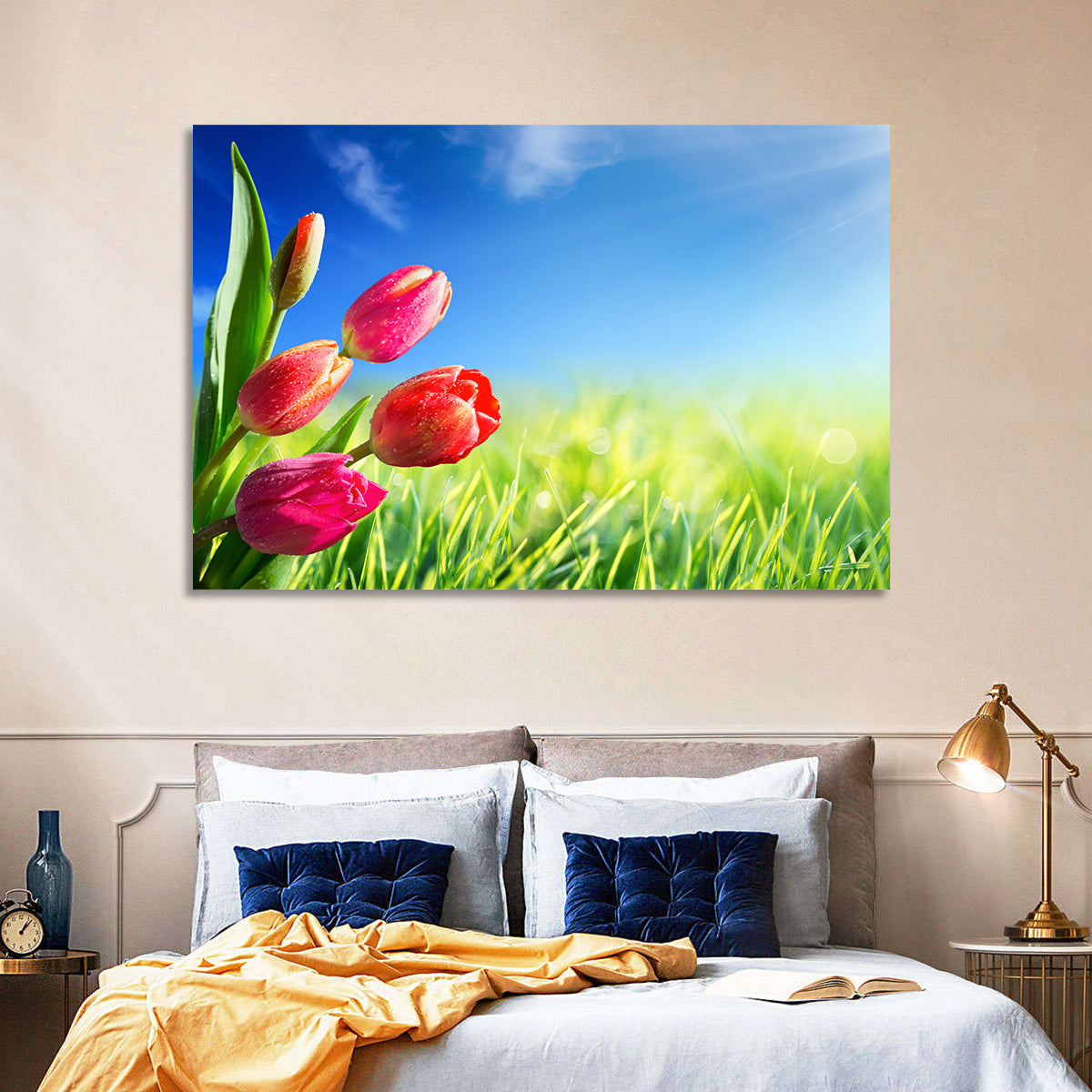 Dewy Red Tulips Under Blue Sky Wall Art