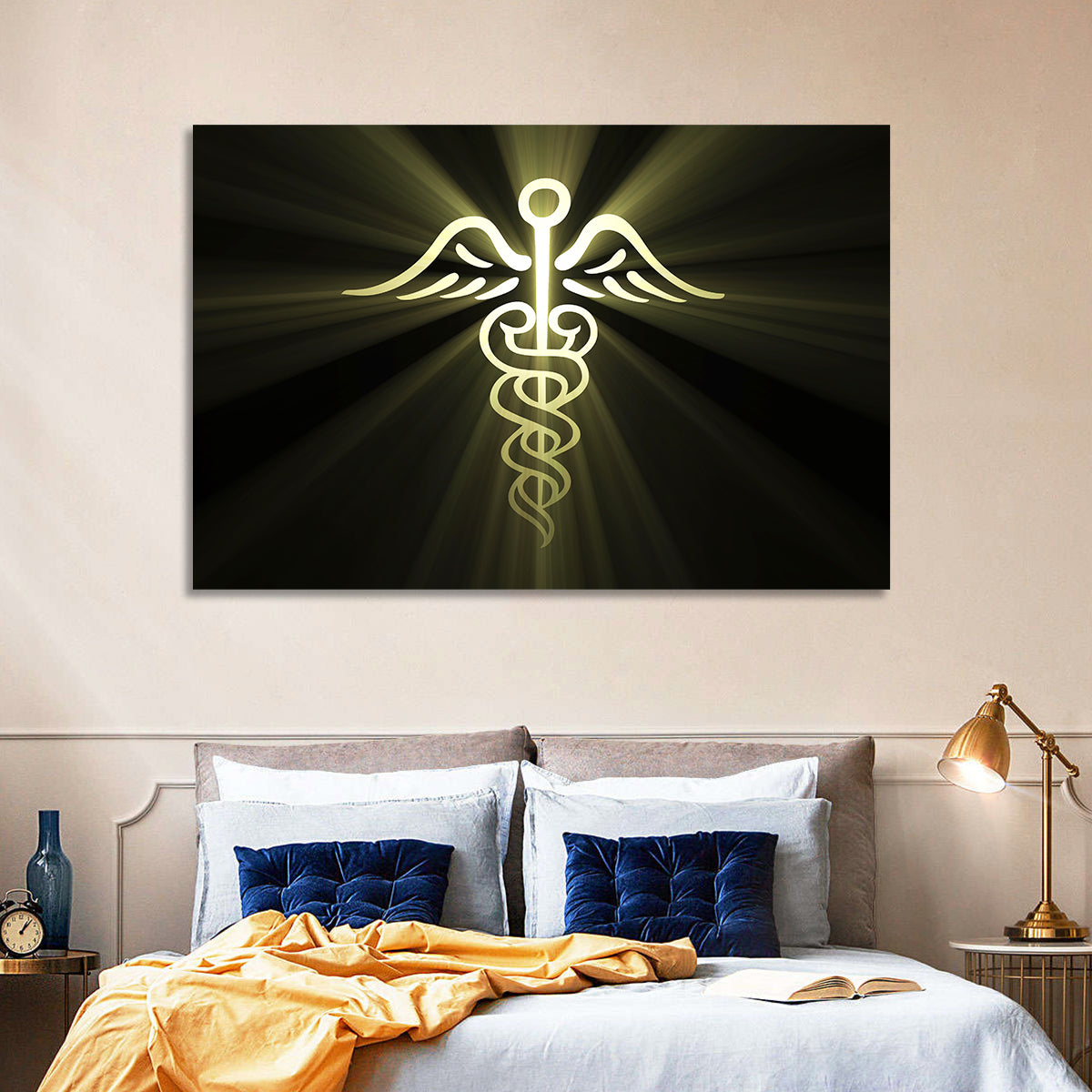 Medical Corps Caduceus Emblem Wall Art in a room, landscape