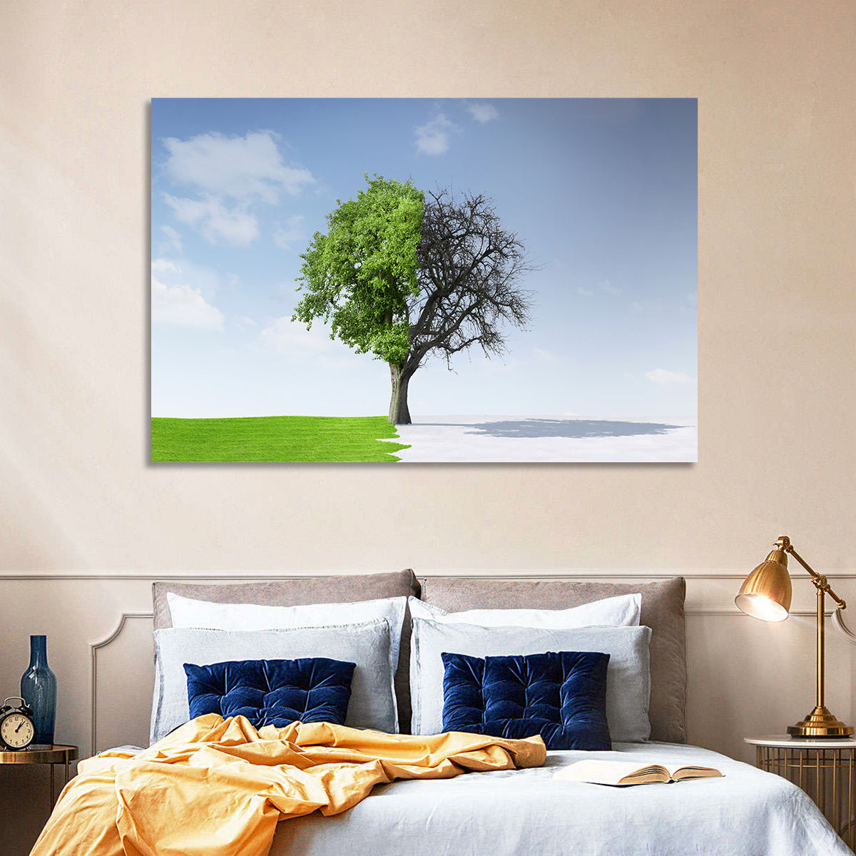 Split Seasons Tree Wall Art in a room, landscape